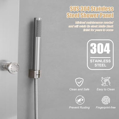 Brushed Nickel Shower Panel System Stainless Steel Rainfall Shower Tower | 4-Functions with 8 Adjustable Water Massage Nozzles Handheld Showerhead Wall Mounted Shower Panels by BATHLAVISH - color: Nickel
