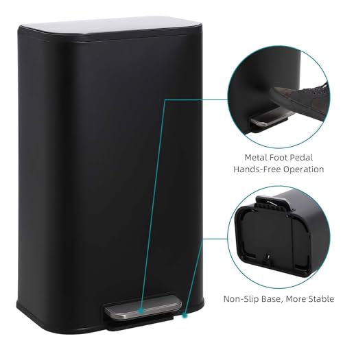 GarveeHome 8 Gal Kitchen Trash Can, Stainless Steel Garbage Can, Black | Soft Close Lid, Hands-Free Foot Pedal, Removable Inner Bucket, Rectangular Step On Waste Bin for Home Office Living Room - color: Black, size: 30 L
