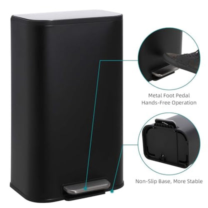 GarveeHome 8 Gal Kitchen Trash Can, Stainless Steel Garbage Can, Black | Soft Close Lid, Hands-Free Foot Pedal, Removable Inner Bucket, Rectangular Step On Waste Bin for Home Office Living Room - color: Black, size: 30 L