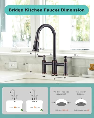 Bridge Faucet Oil Rubbed Bronze: Brass Two Handles Bridge Kitchen Faucet with Pull Down Sprayer - 3 Hole 8 Inch Centerset Kitchen Sink Faucet for Farmhouse RV Laundry, 360° Swivel Spout - color: Oil Rubbed Bronze