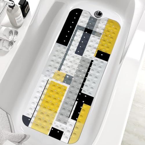 Yellow Black Bath Tub Mat Non Slip, Modern Geometric Large Washable Shower Mats with Drain Holes and Suction Cups,40 X 16 Inch - color: Yellow Black