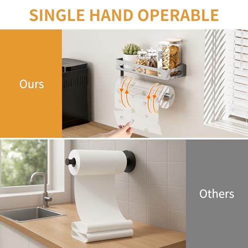 Stylish Kitchen Paper Towel Holder with Shelf - Adhesive Hand Towel Holder | Wall Mount Toilet Paper Holder Rack for Bathroom, Rust-Resistant Matte Grey Finish for RV , Easy One-Handed Operation Design - color: Gray