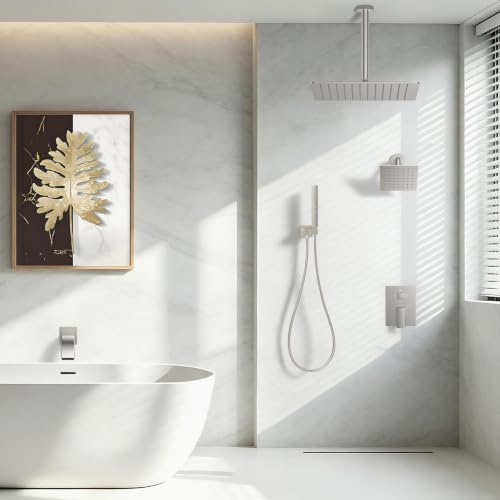 Brushed Nickel Rainfall Shower System – Complete Spa Faucet Set with Handheld Sprayer & Mixer Valve – Tub Spout Bathroom Fixture Trim Kit - color: Brushed Nickel, size: 6''+12''+Bathtub Faucet