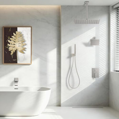 Brushed Nickel Rainfall Shower System – Complete Spa Faucet Set with Handheld Sprayer & Mixer Valve – Tub Spout Bathroom Fixture Trim Kit - color: Brushed Nickel, size: 6''+12''+Bathtub Faucet