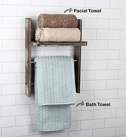 J JACKCUBE DESIGN Rustic Wood Wall Mount Towel Rack with Shelf, Blanket Ladder for Bathroom, Kitchen Hand Towels Holder, Stainless Towel Bar Hanger Farmhouse Decor - MK576A