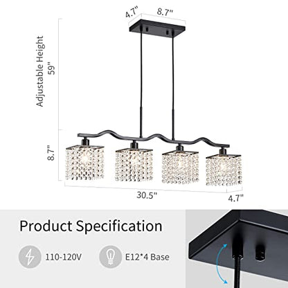 WUZUPS Crystal Chandelier 4-Light Linear Raindrop Pendant Ceiling Light Modern Lighting Fixture for Bedroom Dinning Room Bar Kitchen Island, H8.7'' W4.7'' L30.5, E12 Base, Black - color: Black Pendnat Light