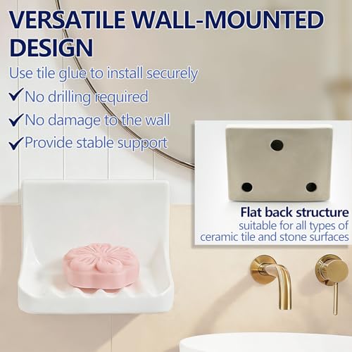 White Ceramic Mounted Soap Dish for Shower Wall Home Bathtub Bathroom Sink | Vintage Ceramic Shower soap Holder, Porcelain Soap Dish Holder, Tray Wall Mount Soap Dish, Quick Drainage and Slip Resistance