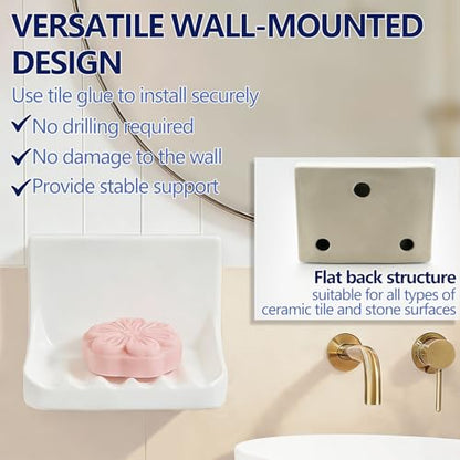 White Ceramic Mounted Soap Dish for Shower Wall Home Bathtub Bathroom Sink | Vintage Ceramic Shower soap Holder, Porcelain Soap Dish Holder, Tray Wall Mount Soap Dish, Quick Drainage and Slip Resistance
