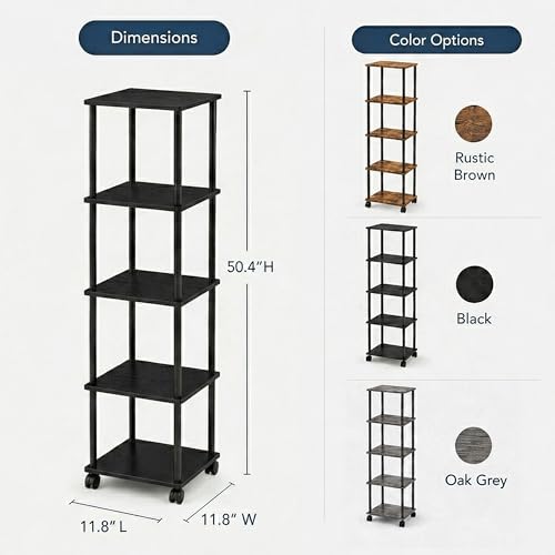 5-Tier 50.4" Tall Black Bathroom Shelving Unit with Wheels | Wood Finish, Metal Frame, Rolling Narrow Open Shelf Design, for Laundry Room, Kitchen, Living Spaces, Easy to Move - color: Black, size: 5-Tier