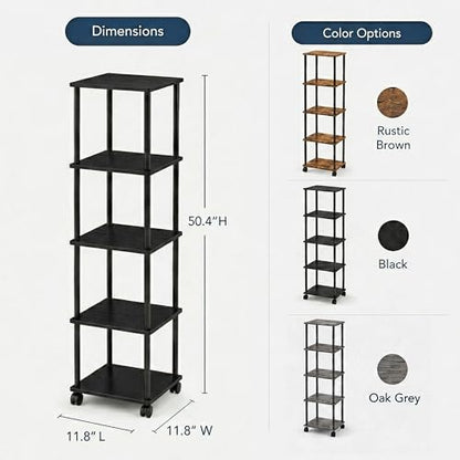 5-Tier 50.4" Tall Black Bathroom Shelving Unit with Wheels | Wood Finish, Metal Frame, Rolling Narrow Open Shelf Design, for Laundry Room, Kitchen, Living Spaces, Easy to Move - color: Black, size: 5-Tier