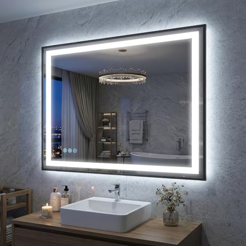 Antok 40X32 LED Bathroom Mirror with Lights, Vanity Mirror for Wall with Black Frame, Touch Control, Anti-Fog, Dimmable Lights, Shatter-Proof, Memory Function, Wall-Mounted Vanity Mirrors - size: 40"L x 32"W