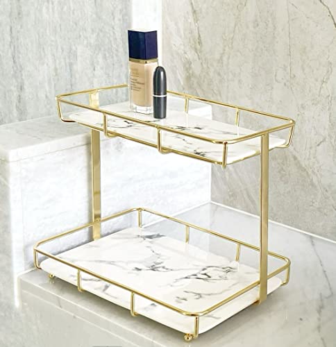 Bathroom Organizer Countertop Perfume Organizer Makeup Organizer Cosmetics Storage Display Rack Vanity Tray Dresser Stainless Steel Gold Shelf White Marble Ceramic Tray - color: 2 Tier Xl-gold