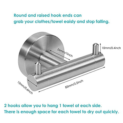 Double Towel Hook for Bathroom 2 Pack Stainless Steel Robe Coat Hook | Heavy Duty Wall Mounted Towel Hook Space Saving Cabinet Closet Door Sponges Holder for Bedroom Kitchen Garage, Brushed Finish