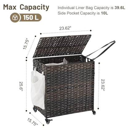 Laundry Hamper with Wheels, 39.6 Gallon(150L) Rolling Laundry Basket with Lid, Removable Large 2 Color Liners & 3 Mesh Laundry Bags, Clothes Hamper with Side Pocket, Brown - color: Brown, size: 23.62"L x 15.75"W x 25.6"H