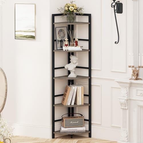 Rustic Corner Shelf Stand, Tall Industrial Corner Bookshelf, Wood Metal 5 Tier Bookcase Shelves, Display Shelving Unit for Kitchen, Living Room (Dark Grey Oak) - color: Dark Grey Oak, size: Corner Shelf Stand