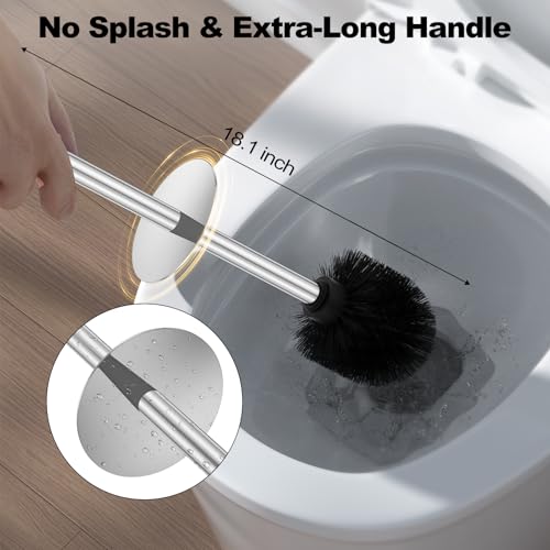 Silver Toilet Brush and Holder Set，Stainless Steel Heavy Duty Toilet Bowl Brush，Extra Long Handled Modern Toilet Cleaner Brush with Replaceable Head, Removable Inner Bowl, and Splash Protection - color: Silver, size: 1 Pack