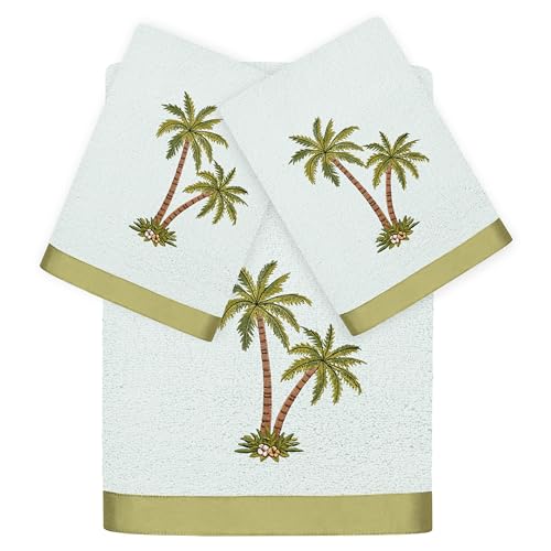 Flourish 3-Piece Towel Set, Embroidered Palm Tree Design, 100% Turkish Cotton, Super Absorbent & Luxurious, Tropical Bathroom Decor, 1 Bath 2 Hand Towels, Aqua - color: Aqua, size: 1 Pc Bath 2 Pcs Hand Towel