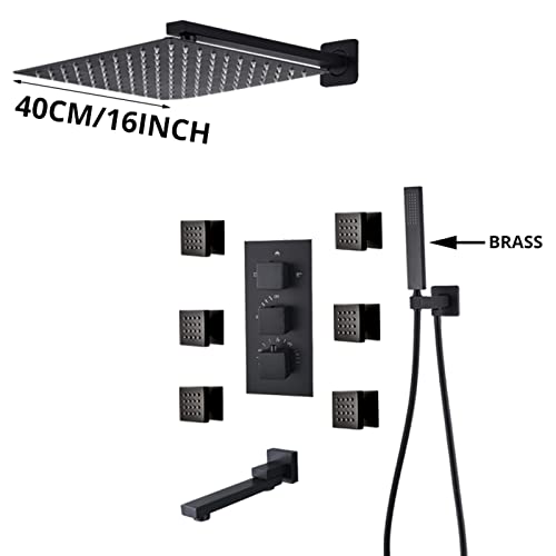 Shower System Thermostatic Concealed Shower Faucet Set Wall Mounted Matte Black Anti Scald Shower Combo Set with 6 Body Sprays with Hand Shower and Waterfall Rainfal,16 Inch - size: 16 Inch