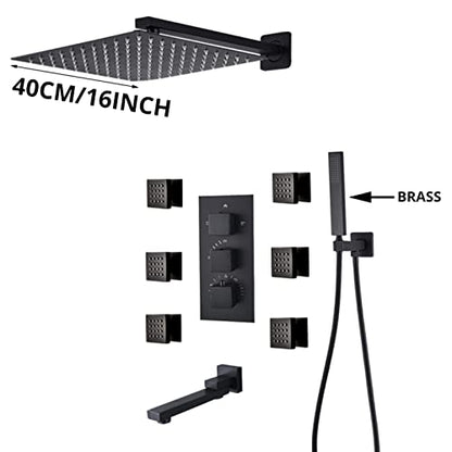 Shower System Thermostatic Concealed Shower Faucet Set Wall Mounted Matte Black Anti Scald Shower Combo Set with 6 Body Sprays with Hand Shower and Waterfall Rainfal,16 Inch - size: 16 Inch