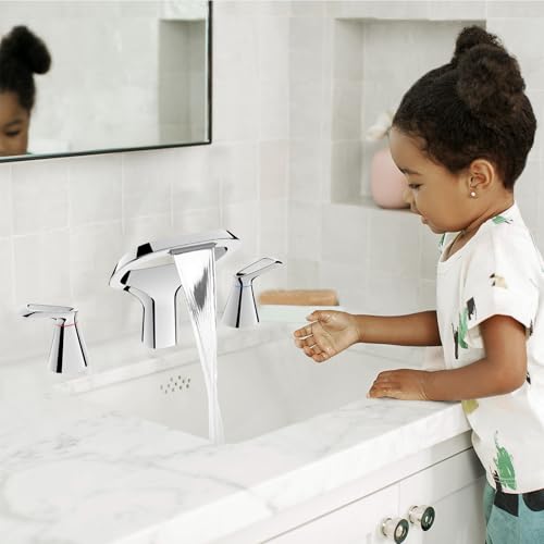 Bathroom Faucets for Sink 3 Hole, Bezeit 8 Inch Widespread Bathroom Faucet with Waterfall Spout, Solid Brass Chrome Faucet with 2 Handles and Water Supply Hoses - color: Chrome, style: Modern