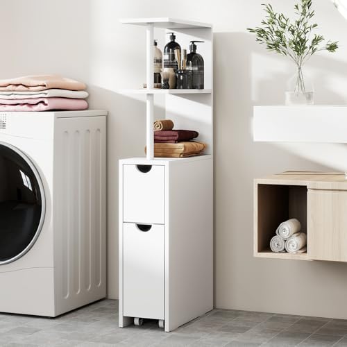 Giantex Slim Storage Cabinet, Narrow Freestanding Bathroom Organizer with Open Shelves, Pull-Out Drawer and Slide-Out Cart, Space-Saving Wooden Floor Cabinet for Entryway, Living Room and Kitchen