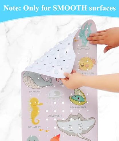 Secopad Bathtub Mat Non Slip, Cute Tub Mat, 40" x 16", Pink Sea Animals | Rectangular, Anti-Slip, Machine Washable, with Drain Holes and Suction Cups,For Bathtub and Shower Floor, for Toddler & Kids - color: Pink Sea Animals