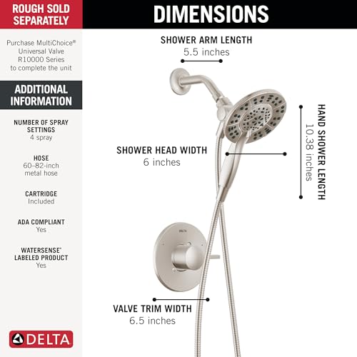 Delta Albion 14 Series Brushed Nickel Shower Faucet Set with In2ition 2-in-1 Dual Shower Head with HandHeld Spray Combo, Valve Trim Kit, Spotshield Brushed Nickel T142855-SP-I (Valve Not Included) - color: SpotShield Stainless