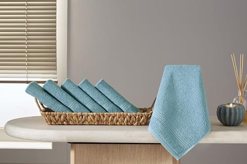 Ozdilek 6-Piece Washcloth Set 13x13 Towels 100% Turkish Cotton, Soft, Absorbent, Gentle on Sensitive Skin, Multi-Purpose Use, Washable, Reusable, Ideal for Baby Care & Spa 6 Towels (Milky Blue) - color: Milky Blue
