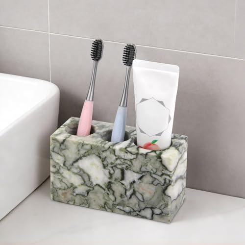 Natural Marble Toothbrush Holder, Green Emerald, 3 Slots | Large Bathroom Organizer Countertop, Ventilation Design, Stone Toothbrush and Toothpaste Stand, Non-Slip Silicone Pads - color: Green Emerald, size: 3 Slots