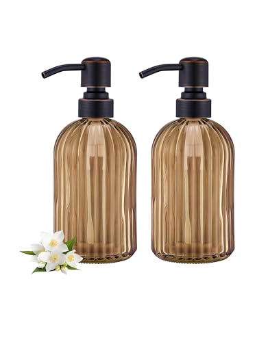 16 OZ Amber Glass Soap Dispenser, Amber Stripe Bathroom Hand Soap Dispensers with Stainless Steel Bronze Pump,Brown Glass Kitchen Hand Soap Dispenser with Oil Rubbed Bronze Pump,2 Packs - color: Oil Rubbed Bronze+amber, size: 2-Pack