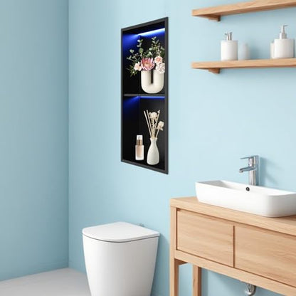 12 * 24In RGB LED Light Shower Niche, 2-Tier Stainless Steel Recessed Storage with Remote Control, Black No Tile Needed Wall Niche for Bathroom Storage Built-in Installation (12x24in RGB) - size: 12x24in RGB