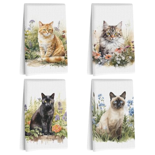 Lovdazzles 4 Pcs Watercolor Cat Kitchen Towels Decorative Tea Towel | Absorbent Microfiber Dish Cloth, Waffle Soft Hand Towels for Home, Bathroom Decor, Cat Lover Gifts for Women - color: Multi 1658