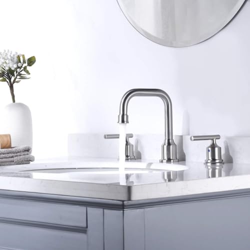 WOWOW Brushed Nickel Bathroom Faucet 3 Hole, Widespread Vanity Sink Faucets | Copper Inlet Faucet for Bathroom Sink with Swivel Spout, 2 Handles Lavatory Tap with Drain and cUPC Supply Line (Set of 2) - color: Brushed Nickel x 2, style: Upgrade-8 Inch