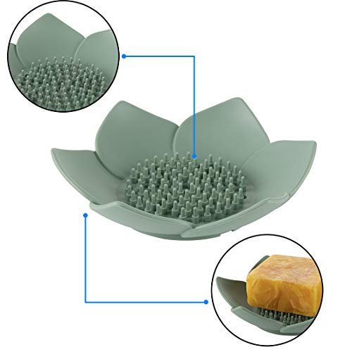 3 Pack Soap Dish Holder, Bar Soap Tray with Drain, Lotus Silicone Soap Saver Case for Shower Bathroom (Blue, Green, Grey) - color: Blue, Green, Grey
