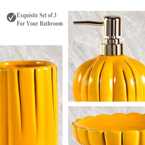 Fall Bathroom Accessories Set of 3, Thanksgiving Pumpkin Bathroom Decor, Ceramic Bathroom Sets Complete -Toothbrush Holders, Soap Dispenser, Soap Dish, Bathroom Organizer for Countertop - size: Pumpkin-Yellow