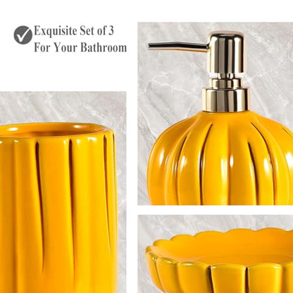 Fall Bathroom Accessories Set of 3, Thanksgiving Pumpkin Bathroom Decor, Ceramic Bathroom Sets Complete -Toothbrush Holders, Soap Dispenser, Soap Dish, Bathroom Organizer for Countertop - size: Pumpkin-Yellow