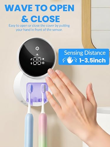 Toothbrush Sanitizer and Holder, Toothbrush Holders for Bathroom, Tooth Brush Wall-Mounted Cleaner Organizer with Auto-Inductive Cover, Air Drying Fits Most Electric, Manual and Kids’ Toothbrushes - size: Standard