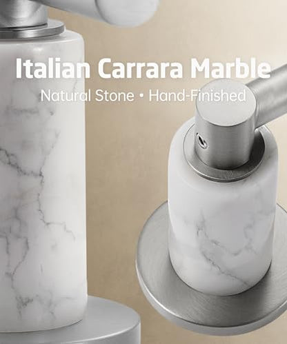 KES Natural Italian Carrara Marble Brushed Nickel Bathroom Faucet 3 Hole with All Metal Pop Up Sink Drain, 8 Inch Widespread Bathroom Sink Faucet for Vanity, 360° Swivel Spout, 18/8 Stainless Steel - color: Brushed Nickel