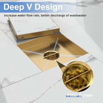 6 Inch Square Shower Drain-Brushed Gold, with Tile Insert Grate | AISI 304 Stainless Steel Shower Drain, Shower Floor Drain with Hair Catcher, Fits Bathroom, Balcony - color: Brushed Gold, size: 6 Inch