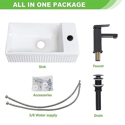 Bathroom Vessel Sink Wall Mount Sink White Wall Mounted Rectangular White Porcelain Ceramic Washing Small Bathroom Vanity Sink with Faucet and Drain - color: White 2