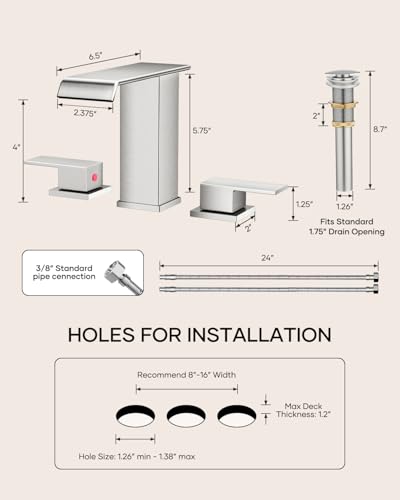 AVSIILE Waterfall Bathroom Faucet 3 Hole, Brushed Nickel 8 Inch Widespread Modern 3 Piece Bathroom Sink Faucet, Touch On Lavatory Faucet for Vanity RV Restroom, Straight Spout - color: Brushed Nickel, style: Straight Spout