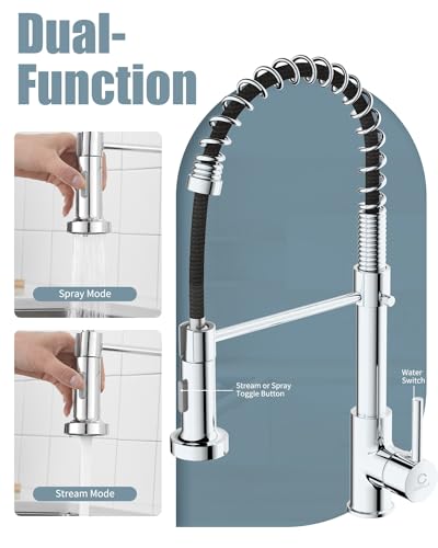 Kitchen Faucet, Commercial Kitchen Sink Faucets with Pull Down Sprayer, Stainless Steel Faucets for Kitchen Sinks, Dual Function Spray Head, Single Handle Spring Kitchen Faucets -Chrome Finish - color: E-Chrome Polished, style: Classic