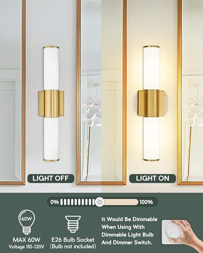 2-Pack Brushed Gold Bathroom Vanity Light Fixtures, Milk Glass Shade | 2-light modern bathroom wall sconces, vertical or horizontal mount,E26 base, hardwired, bulbs not included, VL834-BG-ML-2PK - color: Brushed Gold-Milk Glass, 2-Pack