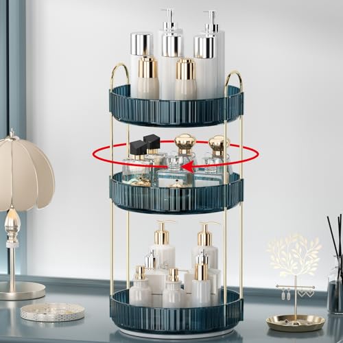 360 Rotating Makeup Organizer for Vanity, Bathroom Countertop Organizer Spinning Perfume Organizer, High-Capacity Cosmetic and Skincare Dresser Make Up Holder Rack (3 Tiers, Blue) - color: Blue, size: 3 Tiers