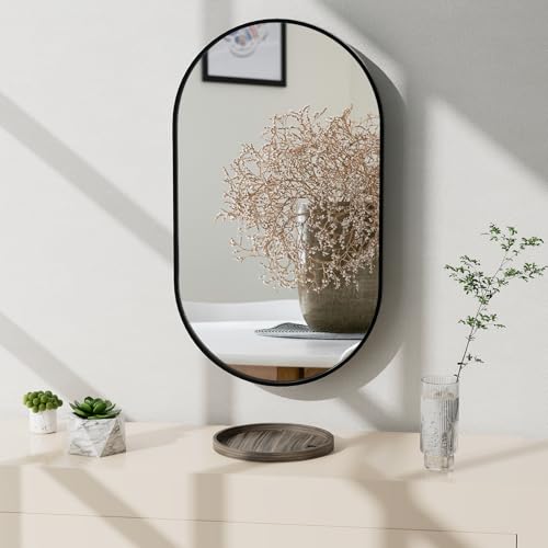 32" x 20" Black Oval Wall Mirror, Capsule Extendable Swivel Bathroom Vanity Makeup Mirror, 360 Rotation Folding Extendable Arm Vanity Mirror for Wall Shower Shaving