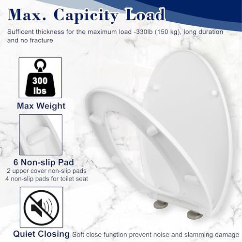 Quiet-Close Elongated Toilet Seat, Heavy Duty Toilet Seat Cover Comfort Non-Slip Seat Toilet Lid Bumpers Quick Release Hinges, Easy to Install & Clean, White