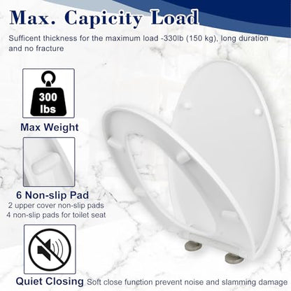 Quiet-Close Elongated Toilet Seat, Heavy Duty Toilet Seat Cover Comfort Non-Slip Seat Toilet Lid Bumpers Quick Release Hinges, Easy to Install & Clean, White