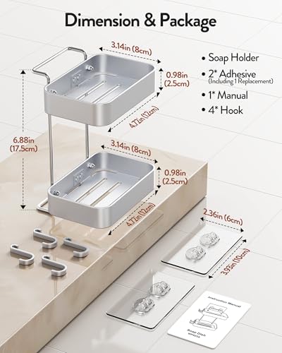 Orimade Aluminum 2 Tier Soap Holder for Shower – Wall Mounted Rustproof Soap Dish with Hooks, No Drilling Adhesive Soap Rack for Bathroom, Kitchen, RV – Quick Draining & Space Saving (Silver)