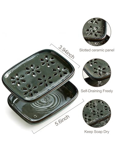 Miamolo Soap Dish for Shower, Bar Soap Holder 2 Layer Draining, Mess-Free | Ceramic Soap Saver Hold 2 Bar Soaps Shampoo Conditioner Sponge | Removable Drip Tray for Bathroom Sink Tub Kitchen, Gray Blue - color: Gray Blue