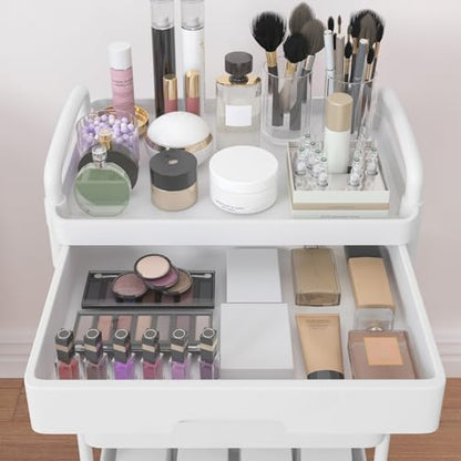 Calmootey 5-Tier Rolling Utility Cart with Drawer,Multifunctional Storage Organizer with Plastic Shelf & Metal Wheels,Storage Cart for Kitchen,Bathroom,Living Room,Office,White | Space-Saving Organizer, Sturdy Plastic Shelves, Smooth-Rolling Metal Wheels,
